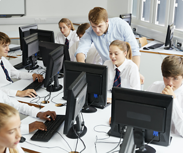 Students in school working on computers